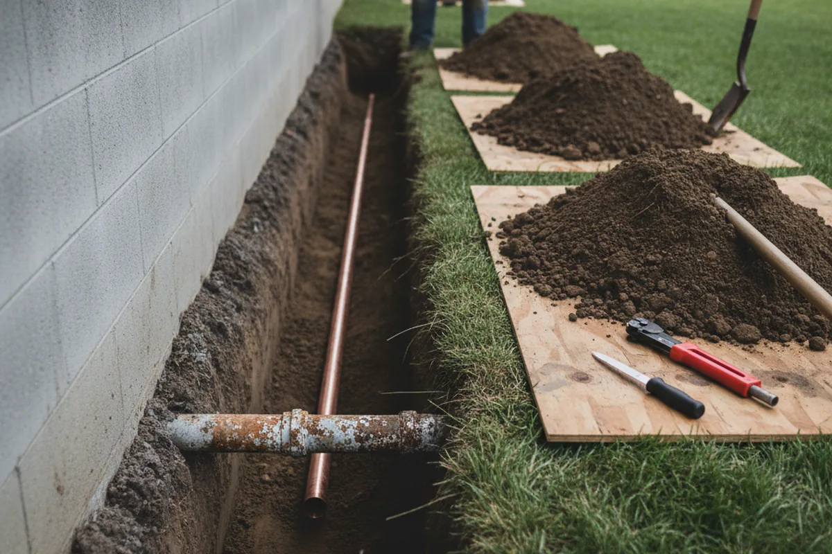Excavated water line trench during Sewer Line Repair in Tioga